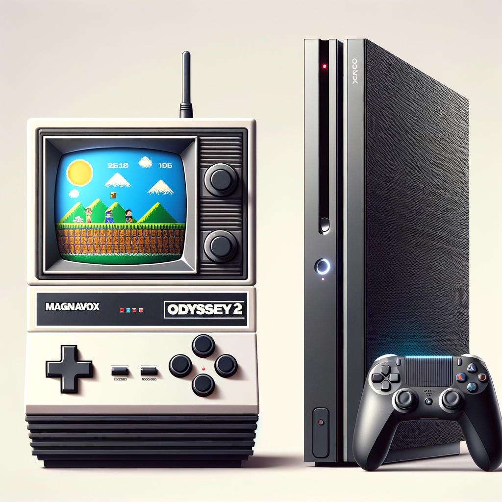generate an image comparing the Magnavox Odyssey² to the Microsoft XBOX X